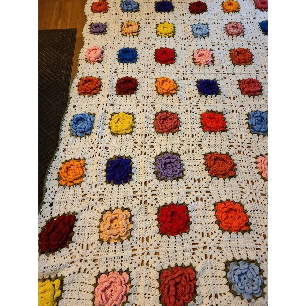 Handmade Vintage Crochet Afghan Colorful 3D Rose Motifs on a White Background